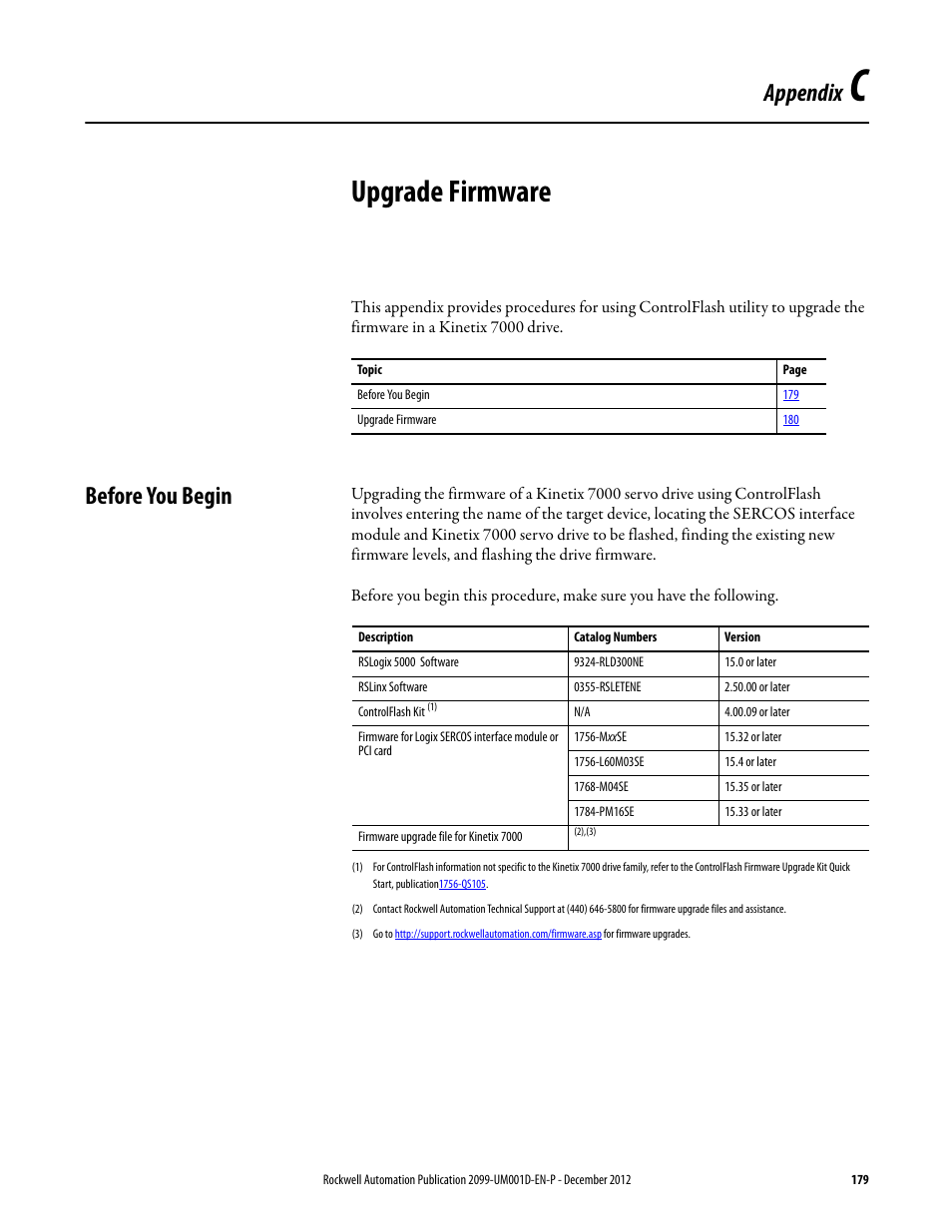 C - upgrade firmware, Before you begin, Appendix c | Upgrade firmware, Appendix | Rockwell Automation 2099-BMxx  Kinetix 7000 High Power Servo Drive User Manual User Manual | Page 179 / 190