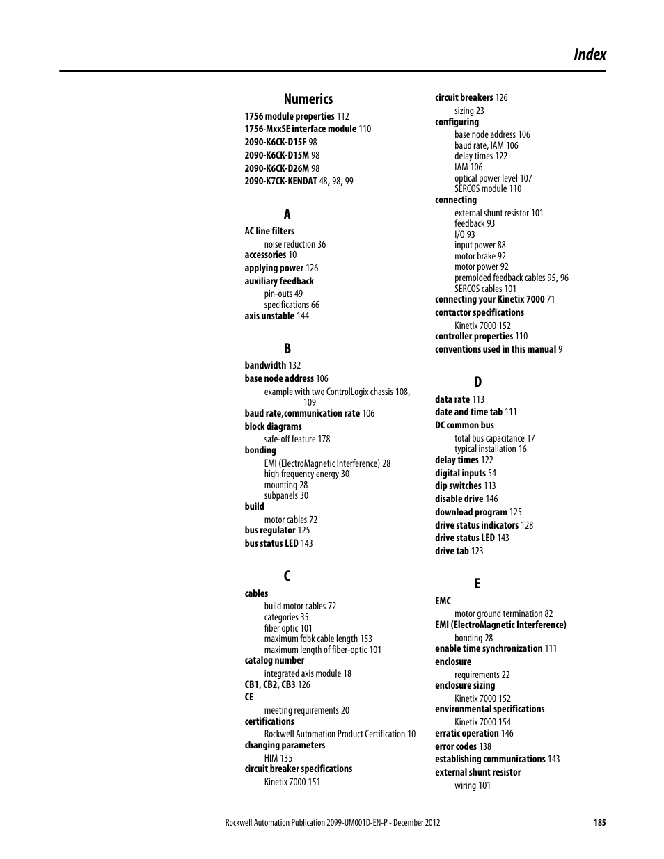 Index, Numerics | Rockwell Automation 2099-BMxx  Kinetix 7000 High Power Servo Drive User Manual User Manual | Page 185 / 190