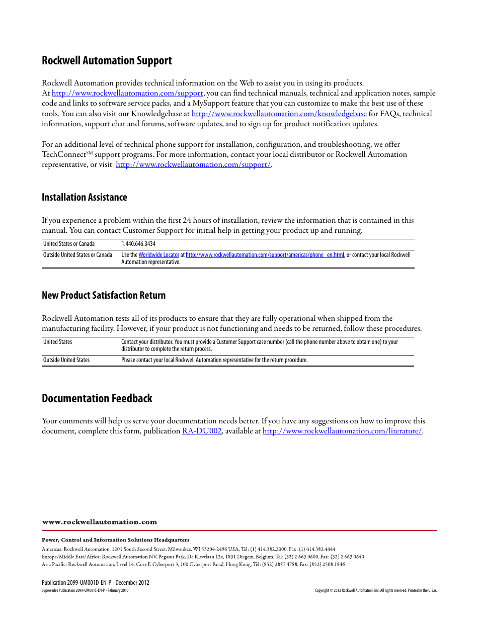 Back cover, Rockwell automation support, Documentation feedback | Installation assistance, New product satisfaction return | Rockwell Automation 2099-BMxx  Kinetix 7000 High Power Servo Drive User Manual User Manual | Page 190 / 190