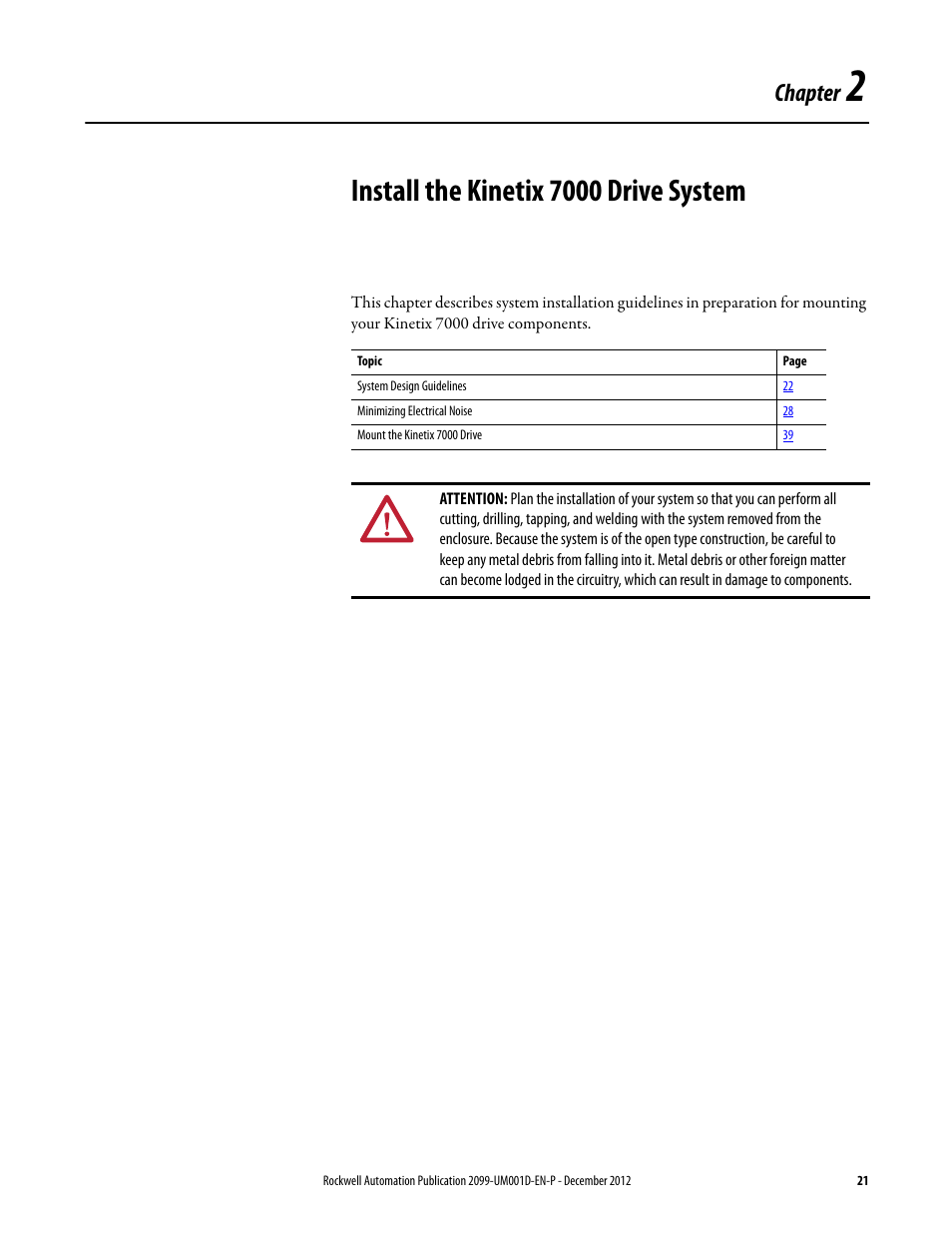 2 - install the kinetix 7000 drive system, Chapter 2, Install the kinetix 7000 drive system | Chapter | Rockwell Automation 2099-BMxx  Kinetix 7000 High Power Servo Drive User Manual User Manual | Page 21 / 190