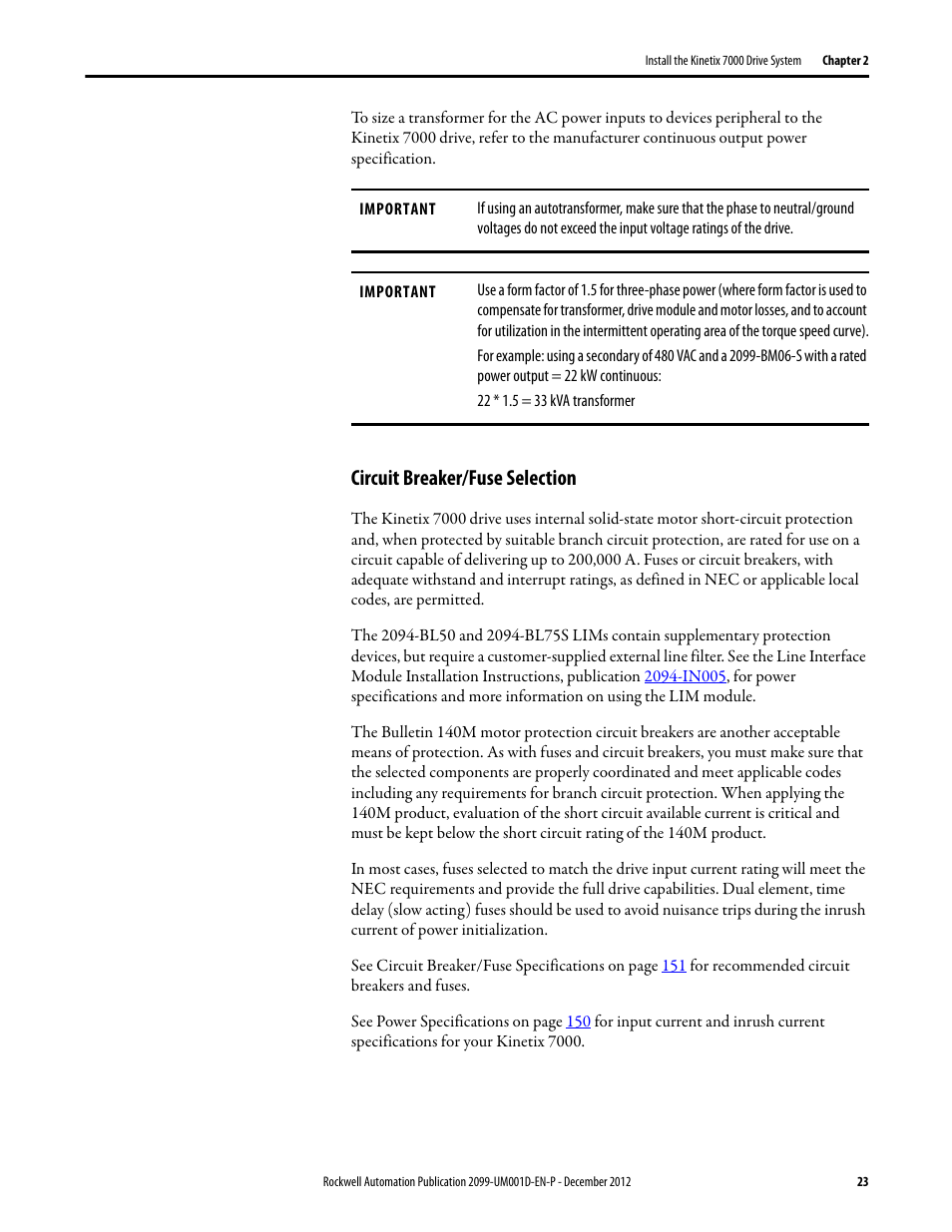 Circuit breaker/fuse selection | Rockwell Automation 2099-BMxx  Kinetix 7000 High Power Servo Drive User Manual User Manual | Page 23 / 190