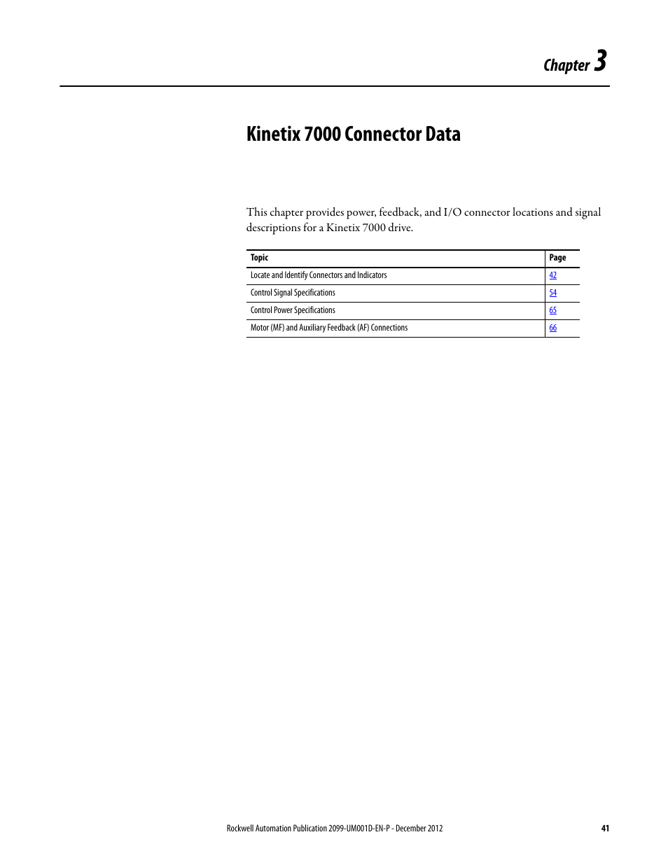 3 - kinetix 7000 connector data, Chapter 3, Kinetix 7000 connector data | Chapter | Rockwell Automation 2099-BMxx  Kinetix 7000 High Power Servo Drive User Manual User Manual | Page 41 / 190