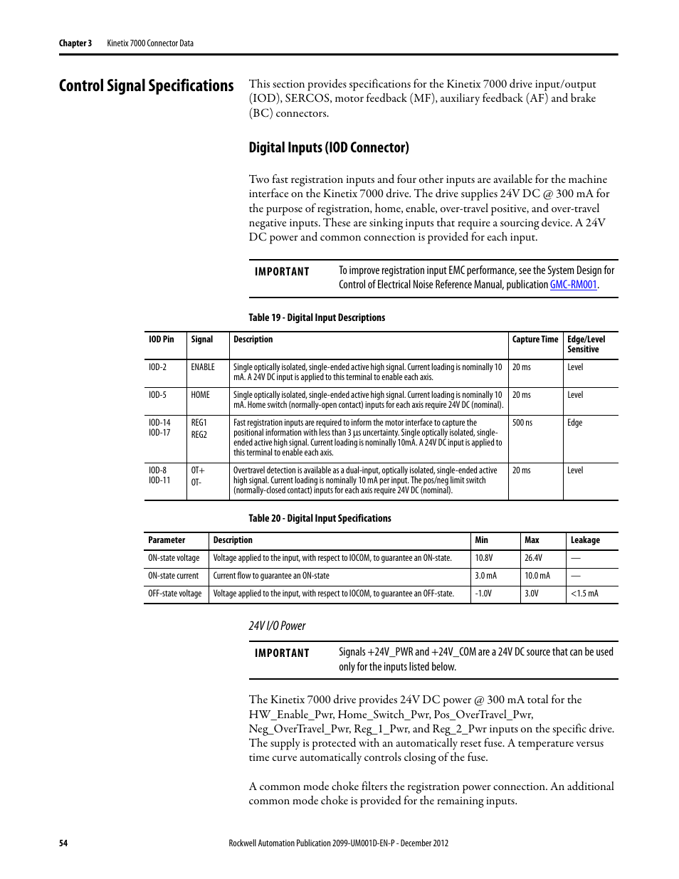 Control signal specifications, Digital inputs (iod connector) | Rockwell Automation 2099-BMxx  Kinetix 7000 High Power Servo Drive User Manual User Manual | Page 54 / 190