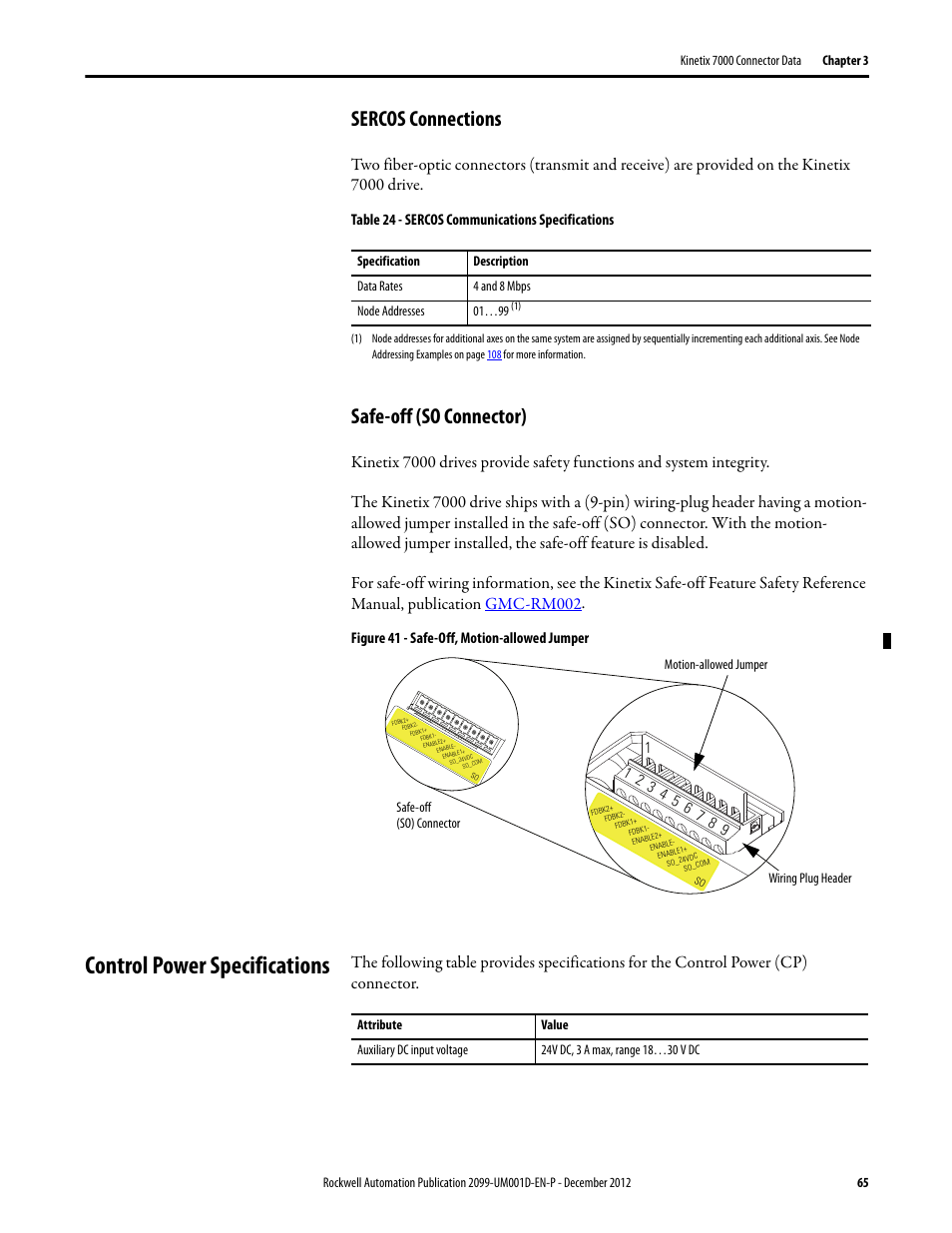 Sercos connections, Safe-off (so connector), Control power specifications | Figure 41, Safe-off, motion-allowed jumper, Sercos connections safe-off (so connector) | Rockwell Automation 2099-BMxx  Kinetix 7000 High Power Servo Drive User Manual User Manual | Page 65 / 190