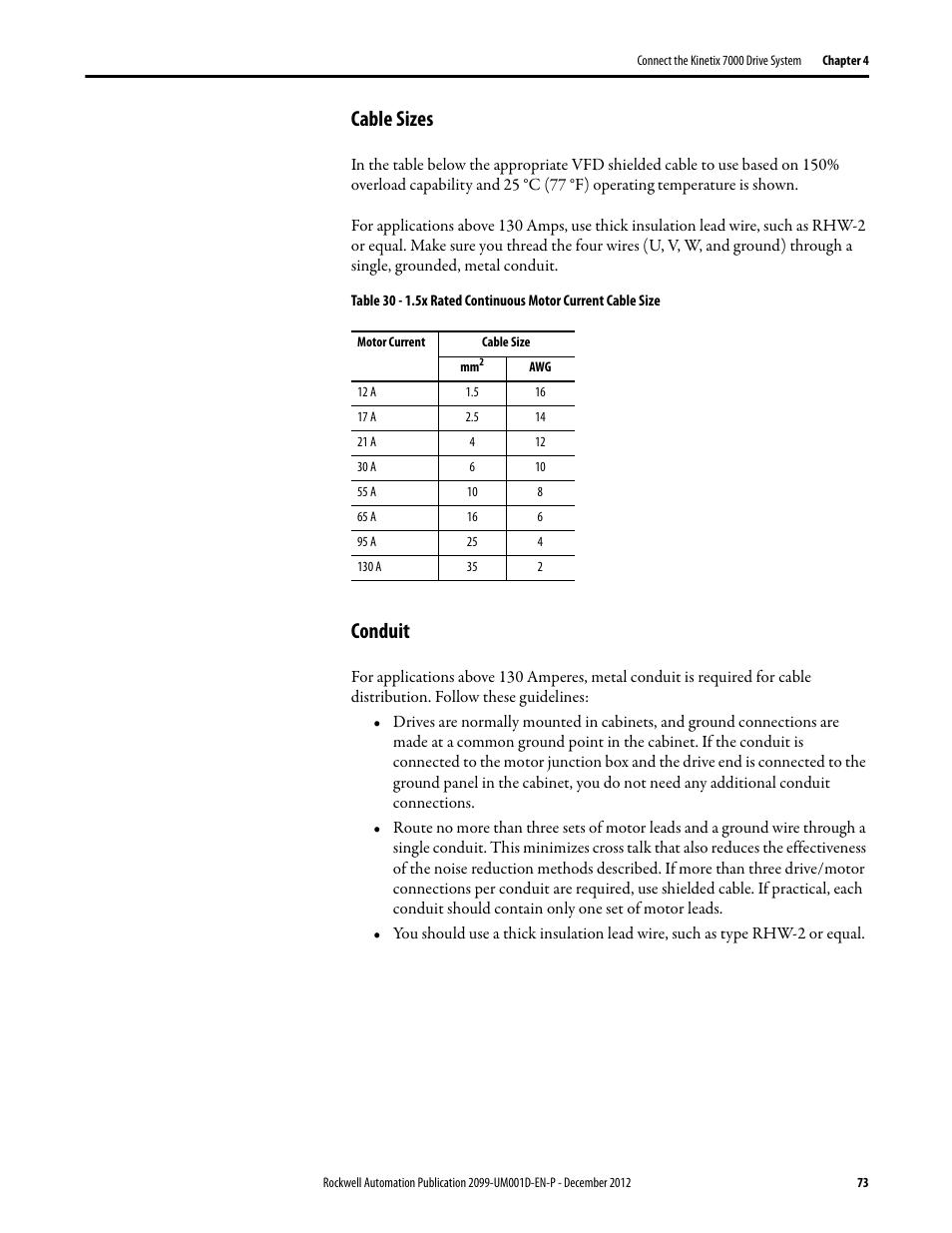 Cable sizes, Conduit, Cable sizes conduit | Rockwell Automation 2099-BMxx  Kinetix 7000 High Power Servo Drive User Manual User Manual | Page 73 / 190