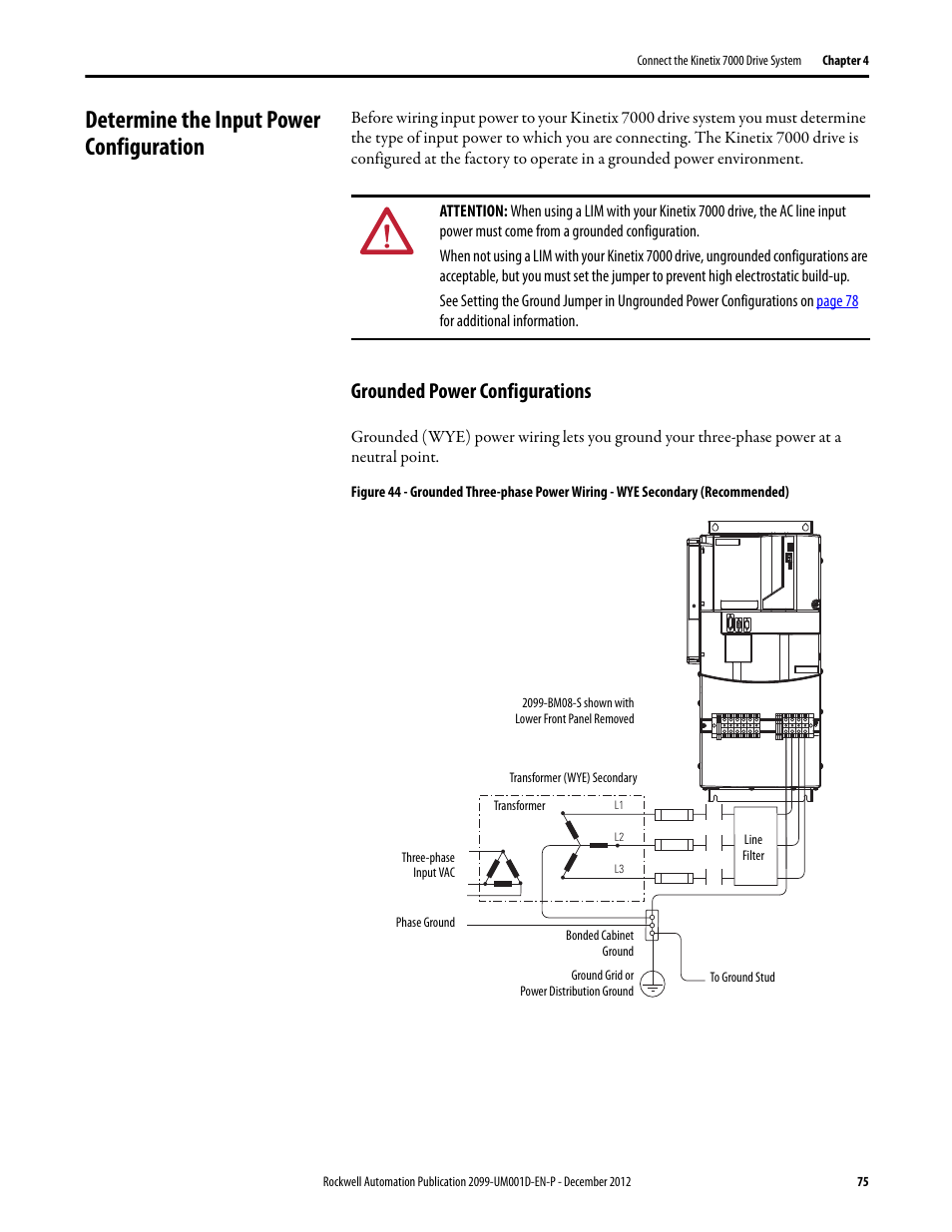 Determine the input power configuration, Grounded power configurations | Rockwell Automation 2099-BMxx  Kinetix 7000 High Power Servo Drive User Manual User Manual | Page 75 / 190