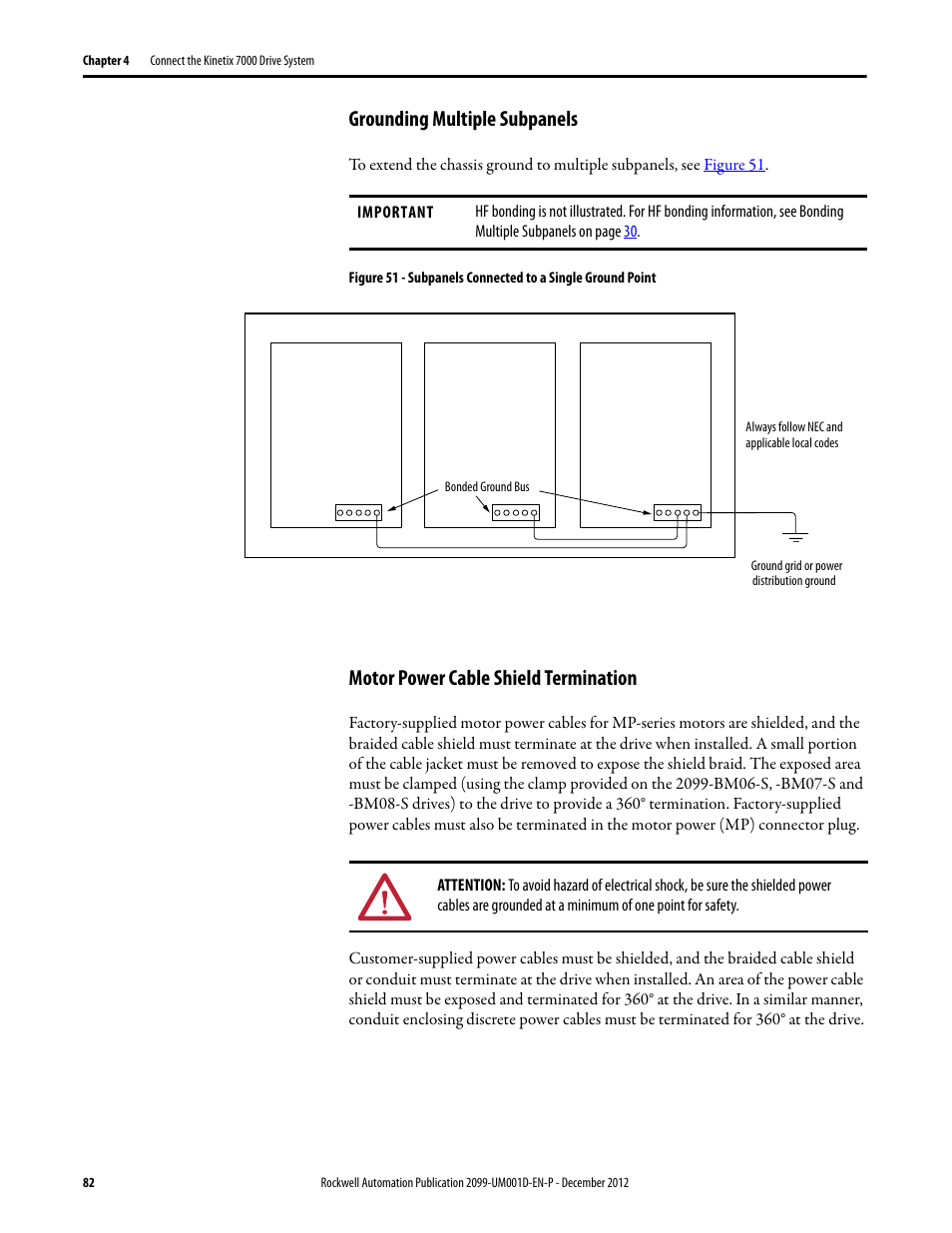 Grounding multiple subpanels, Motor power cable shield termination | Rockwell Automation 2099-BMxx  Kinetix 7000 High Power Servo Drive User Manual User Manual | Page 82 / 190