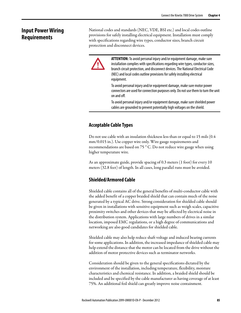 Input power wiring requirements, Acceptable cable types, Shielded/armored cable | Acceptable cable types shielded/armored cable | Rockwell Automation 2099-BMxx  Kinetix 7000 High Power Servo Drive User Manual User Manual | Page 85 / 190