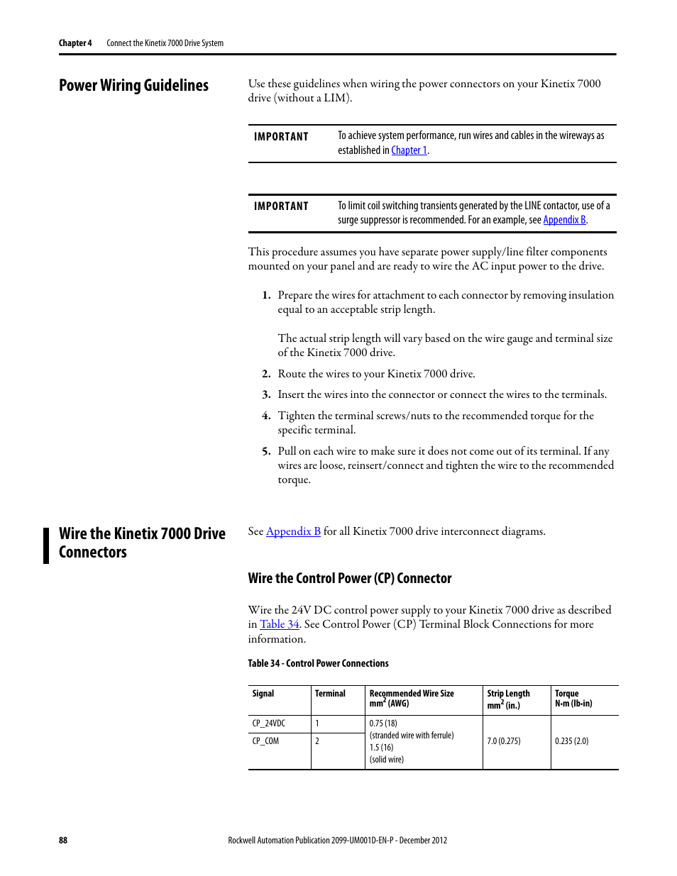 Power wiring guidelines, Wire the kinetix 7000 drive connectors, Wire the control power (cp) connector | Wire the kinetix 7000 drive connectors se | Rockwell Automation 2099-BMxx  Kinetix 7000 High Power Servo Drive User Manual User Manual | Page 88 / 190