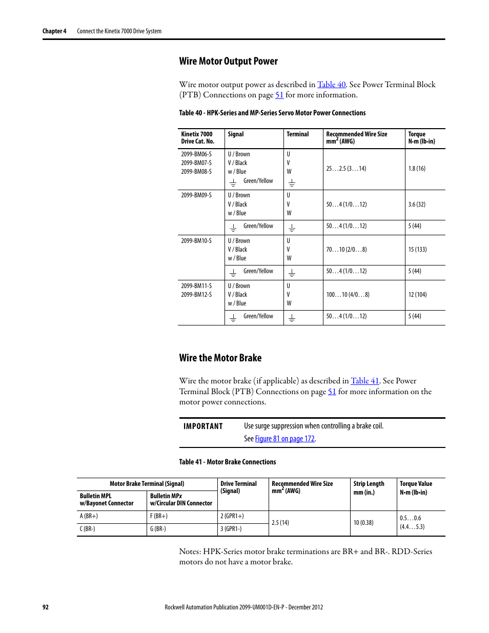 Wire motor output power, Wire the motor brake, Wire motor output power wire the motor brake | E wire motor output power on, For wi | Rockwell Automation 2099-BMxx  Kinetix 7000 High Power Servo Drive User Manual User Manual | Page 92 / 190