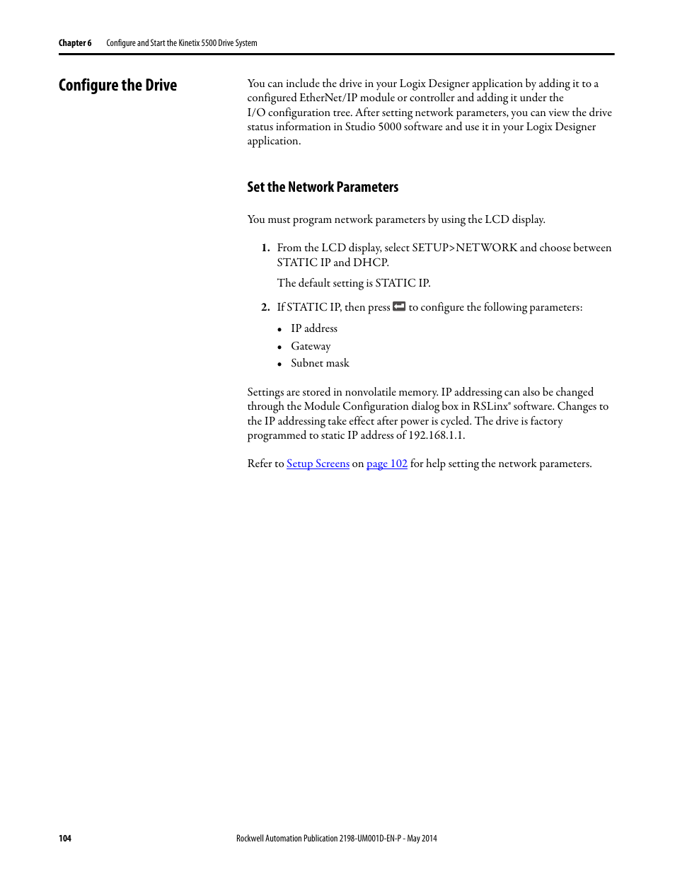 Configure the drive, Set the network parameters | Rockwell Automation 2198-Hxxx Kinetix 5500 Servo Drives User Manual User Manual | Page 104 / 244