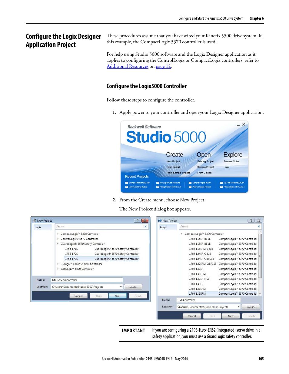 Configure the logix designer application project, Configure the logix5000 controller | Rockwell Automation 2198-Hxxx Kinetix 5500 Servo Drives User Manual User Manual | Page 105 / 244