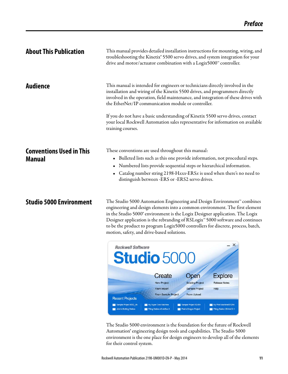 Preface, About this publication, Audience | Conventions used in this manual, Studio 5000 environment, Preface about this publication | Rockwell Automation 2198-Hxxx Kinetix 5500 Servo Drives User Manual User Manual | Page 11 / 244