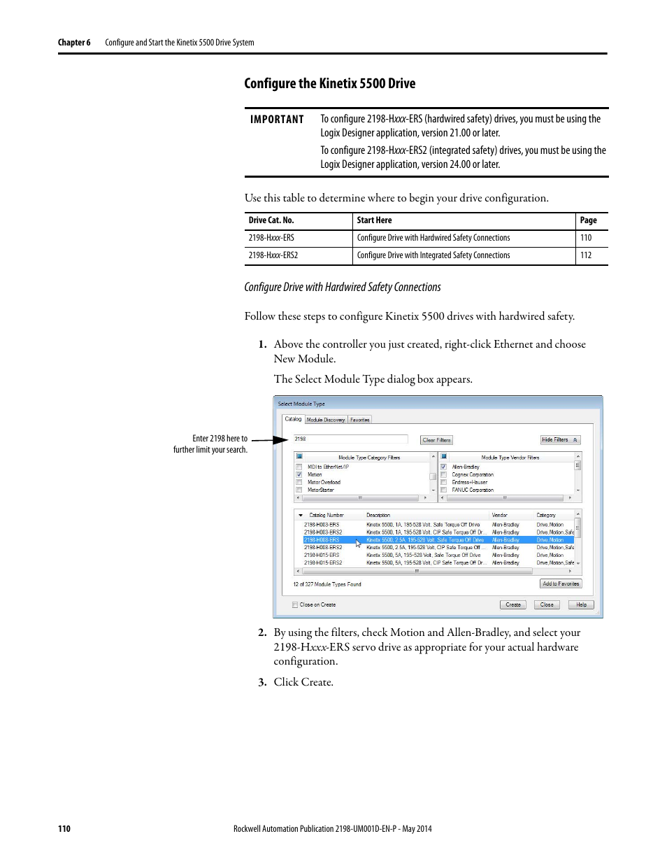 Configure the kinetix 5500 drive, Configure drive with hardwired safety connections, T configure the kinetix 5500 drive | 110 an | Rockwell Automation 2198-Hxxx Kinetix 5500 Servo Drives User Manual User Manual | Page 110 / 244