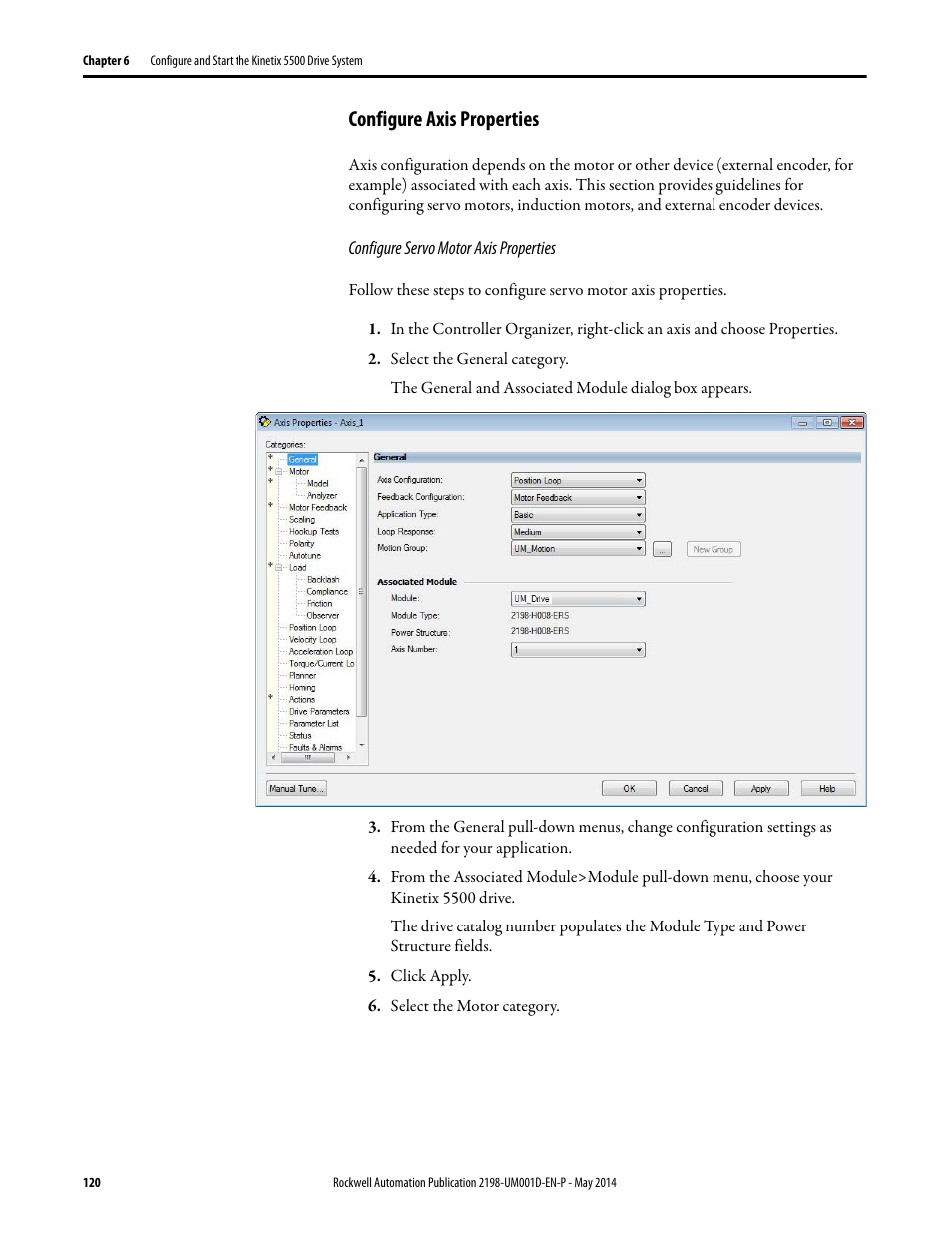 Configure axis properties, Configure servo motor axis properties | Rockwell Automation 2198-Hxxx Kinetix 5500 Servo Drives User Manual User Manual | Page 120 / 244