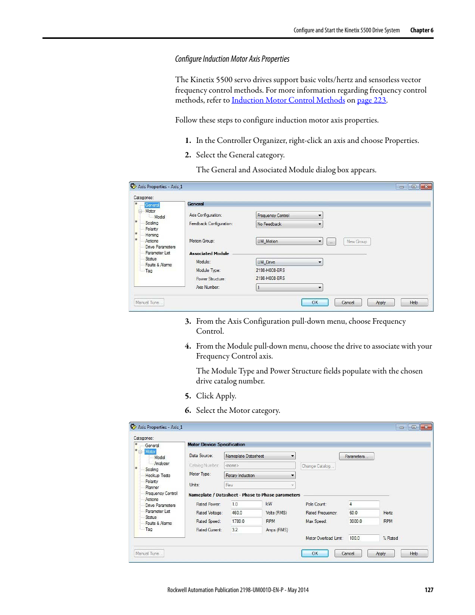 Configure induction motor axis properties | Rockwell Automation 2198-Hxxx Kinetix 5500 Servo Drives User Manual User Manual | Page 127 / 244