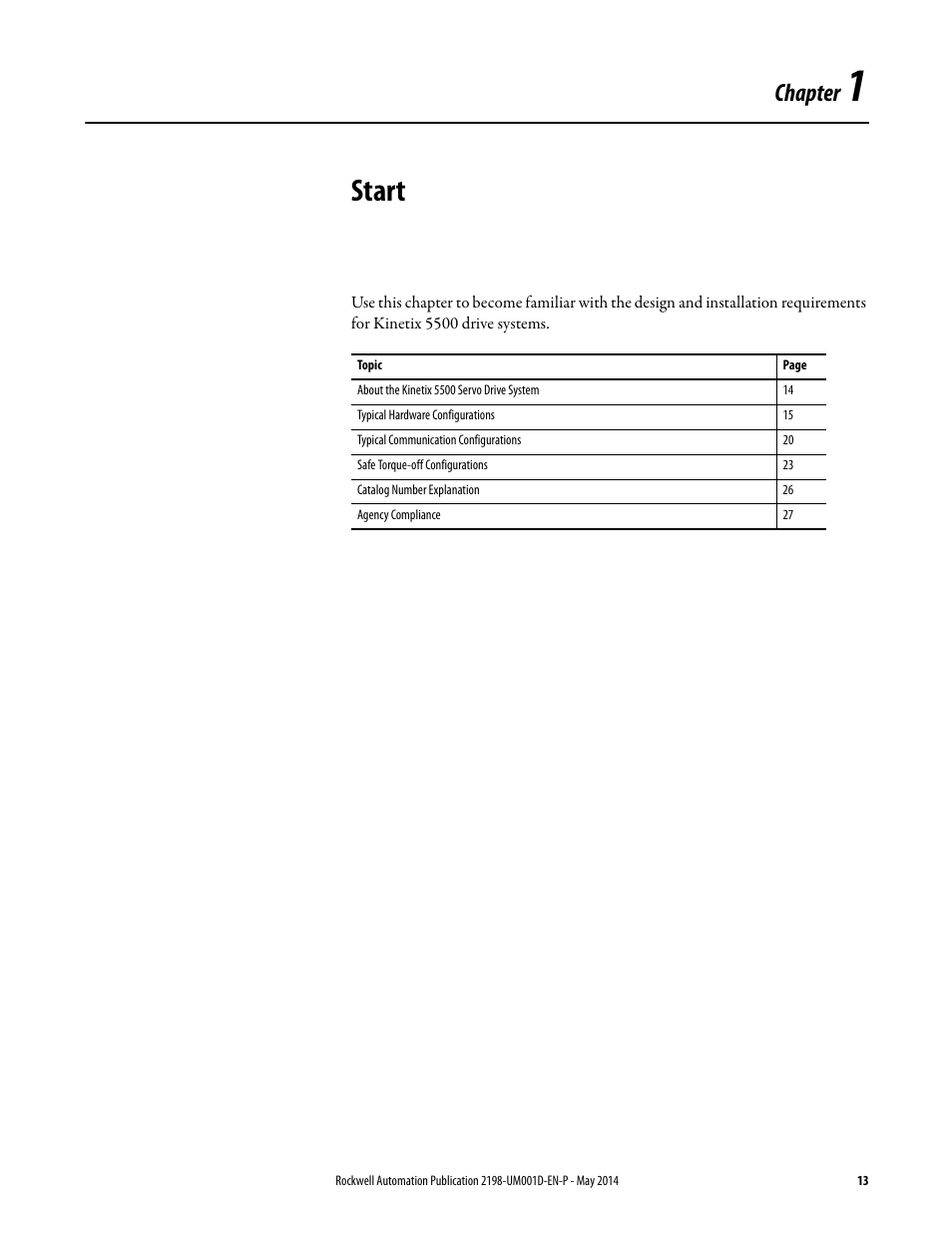 Ch 1 - start, Chapter 1, Start | Chapter | Rockwell Automation 2198-Hxxx Kinetix 5500 Servo Drives User Manual User Manual | Page 13 / 244