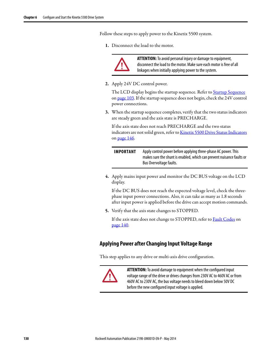 Applying power after changing input voltage range | Rockwell Automation 2198-Hxxx Kinetix 5500 Servo Drives User Manual User Manual | Page 130 / 244