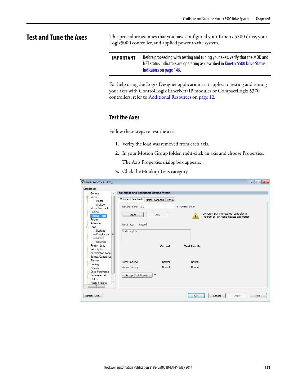 Test and tune the axes, Test the axes | Rockwell Automation 2198-Hxxx Kinetix 5500 Servo Drives User Manual User Manual | Page 131 / 244