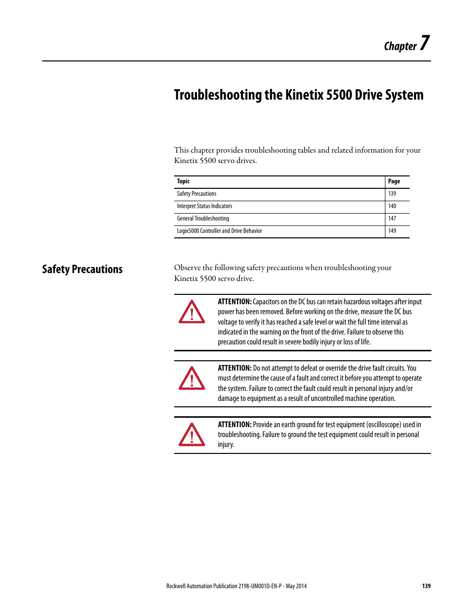 Safety precautions, Chapter 7, Troubleshooting the kinetix 5500 drive system | Chapter | Rockwell Automation 2198-Hxxx Kinetix 5500 Servo Drives User Manual User Manual | Page 139 / 244