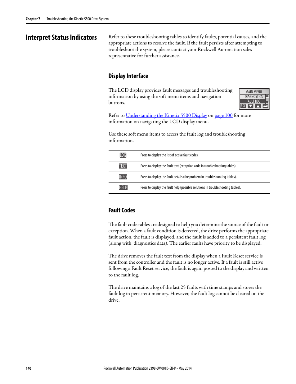 Interpret status indicators, Display interface, Fault codes | Display interface fault codes, Ing on, Beginning on | Rockwell Automation 2198-Hxxx Kinetix 5500 Servo Drives User Manual User Manual | Page 140 / 244