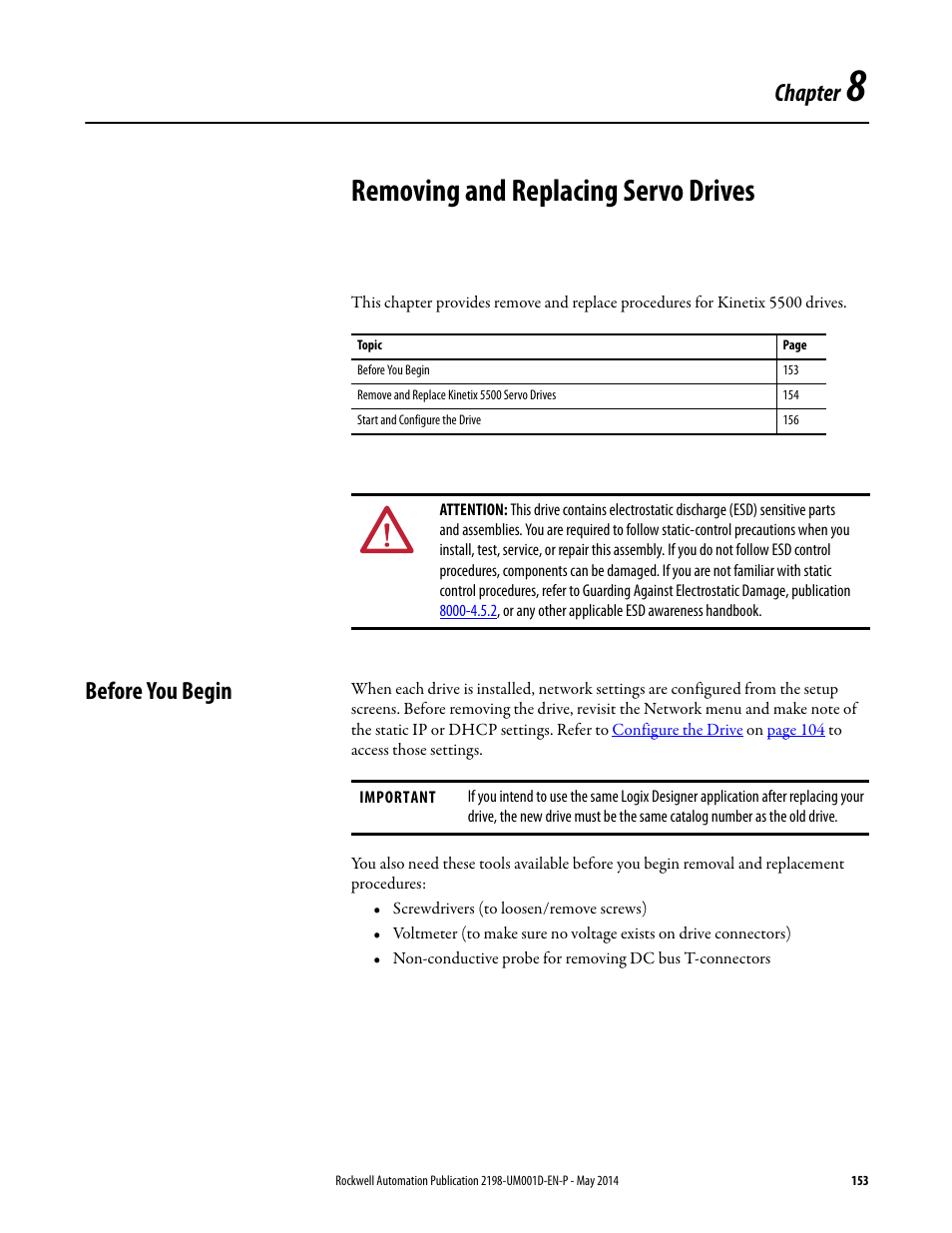 Ch 8 - removing and replacing servo drives, Before you begin, Chapter 8 | Removing and replacing servo drives, Chapter | Rockwell Automation 2198-Hxxx Kinetix 5500 Servo Drives User Manual User Manual | Page 153 / 244