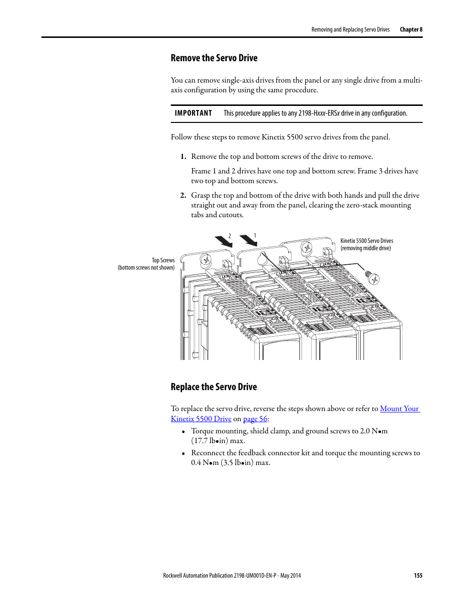 Remove the servo drive, Replace the servo drive, Remove the servo drive replace the servo drive | Rockwell Automation 2198-Hxxx Kinetix 5500 Servo Drives User Manual User Manual | Page 155 / 244