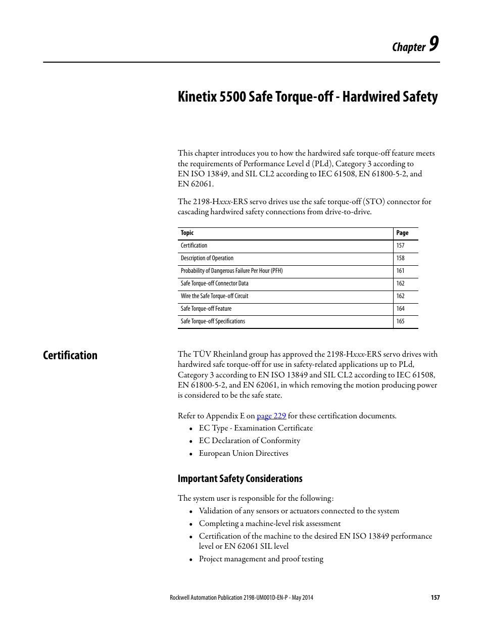 Certification, Important safety considerations, Chapter 9 | Kinetix 5500 safe torque-off - hardwired safety, For t, For i, Chapter | Rockwell Automation 2198-Hxxx Kinetix 5500 Servo Drives User Manual User Manual | Page 157 / 244