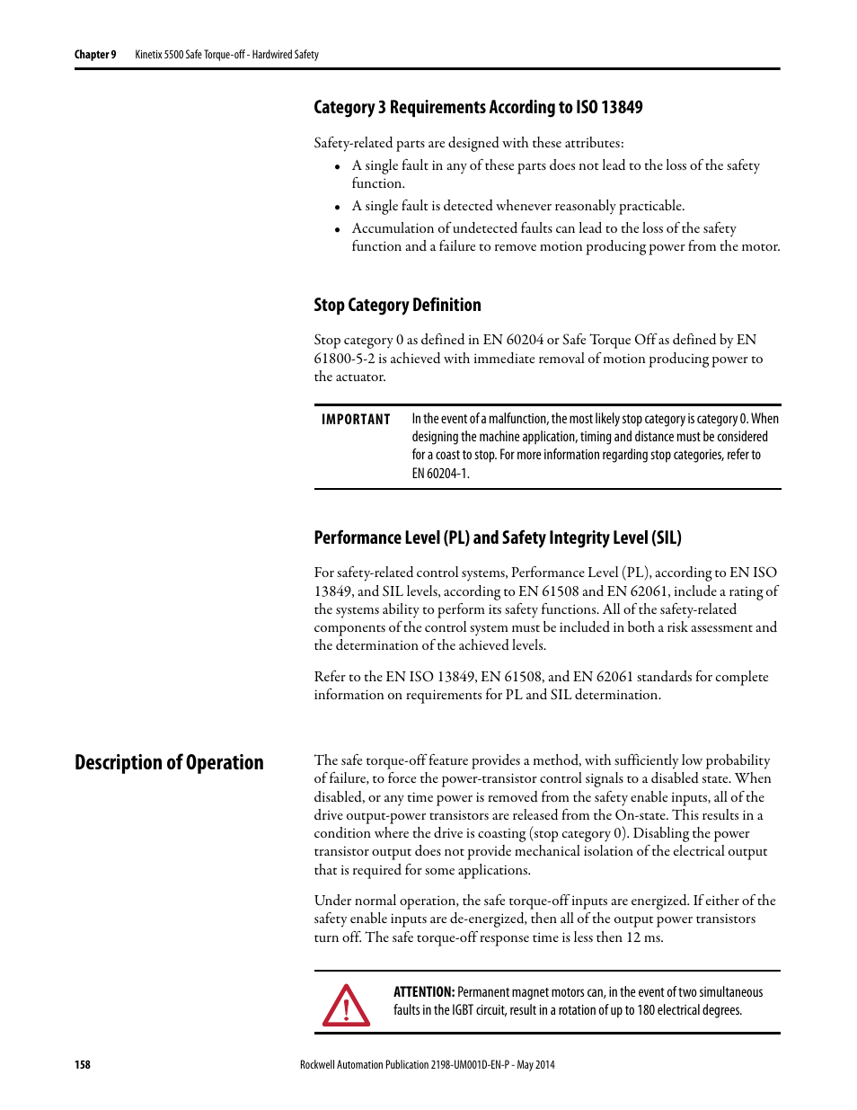 Category 3 requirements according to iso 13849, Stop category definition, Description of operation | Rockwell Automation 2198-Hxxx Kinetix 5500 Servo Drives User Manual User Manual | Page 158 / 244