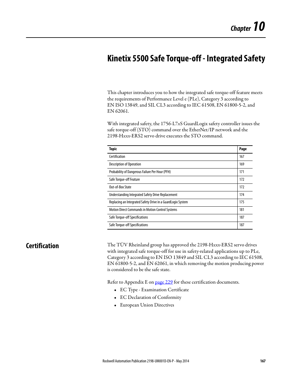 Certification, Kinetix 5500 safe torque-off - integrated safety, Chapter 10 | For i, Chapter | Rockwell Automation 2198-Hxxx Kinetix 5500 Servo Drives User Manual User Manual | Page 167 / 244