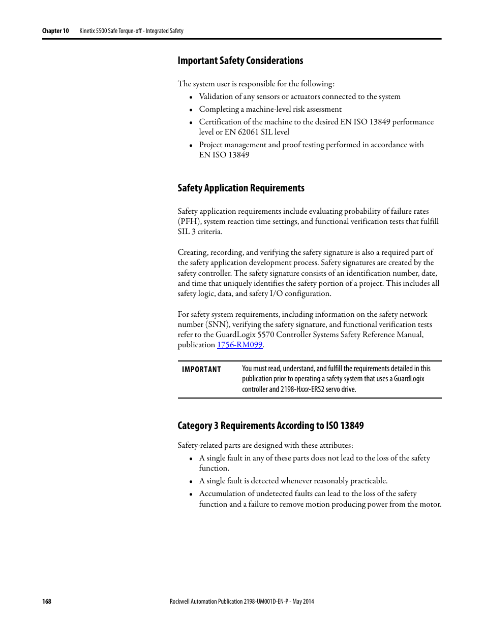 Important safety considerations, Safety application requirements, Category 3 requirements according to iso 13849 | Rockwell Automation 2198-Hxxx Kinetix 5500 Servo Drives User Manual User Manual | Page 168 / 244