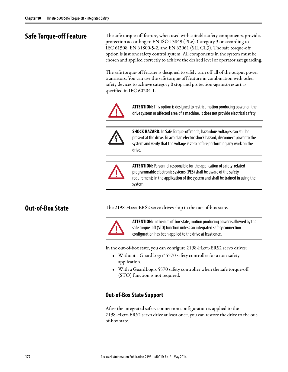 Safe torque-off feature, Out-of-box state, Out-of-box state support | Safe torque-off feature out-of-box state | Rockwell Automation 2198-Hxxx Kinetix 5500 Servo Drives User Manual User Manual | Page 172 / 244