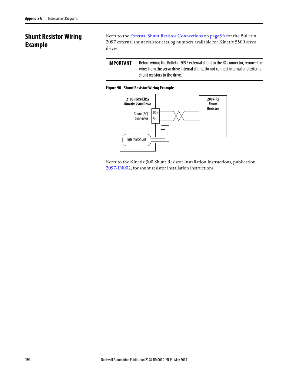 Shunt resistor wiring example | Rockwell Automation 2198-Hxxx Kinetix 5500 Servo Drives User Manual User Manual | Page 194 / 244