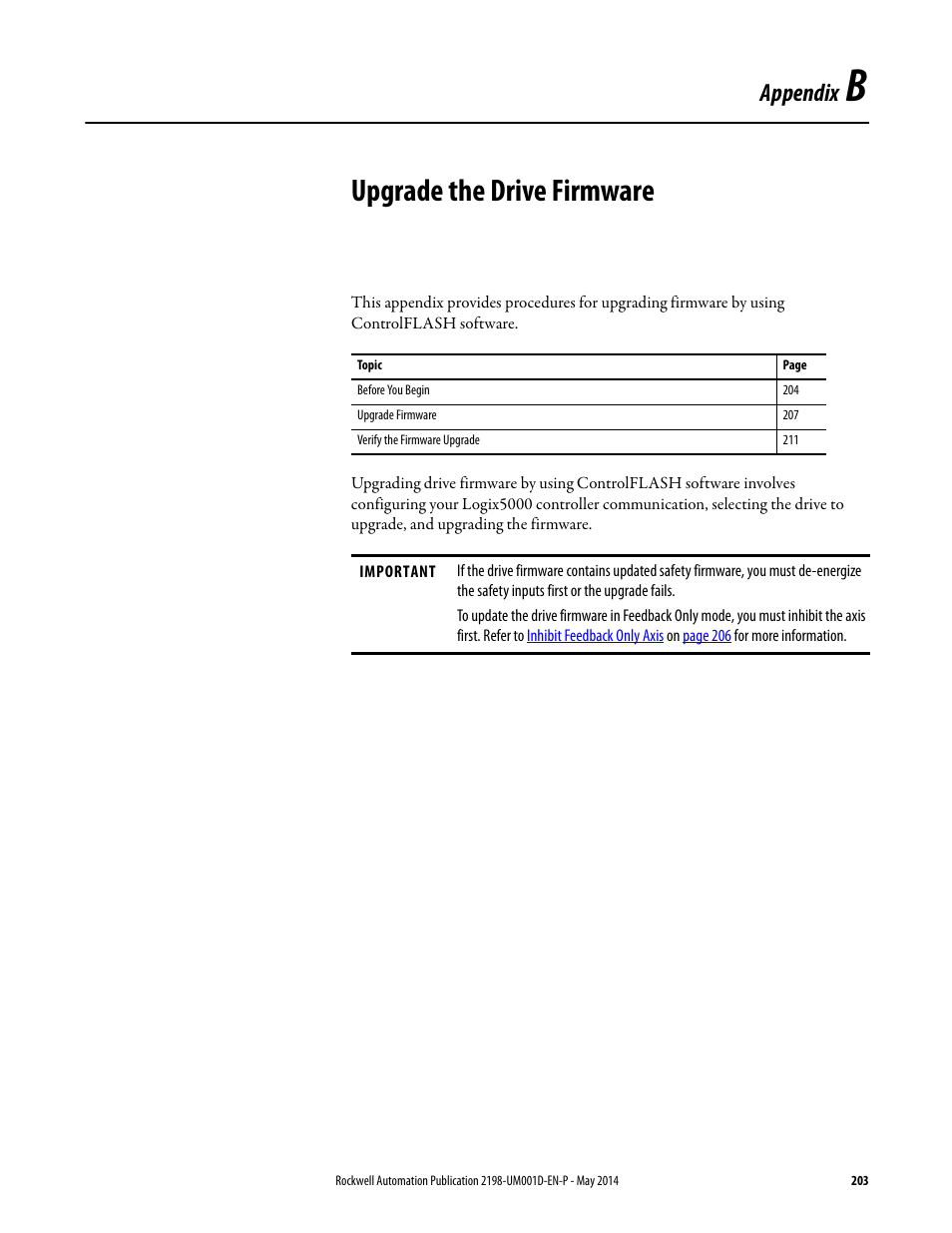 App b - upgrade the drive firmware, Appendix b, Upgrade the drive firmware | Appendix | Rockwell Automation 2198-Hxxx Kinetix 5500 Servo Drives User Manual User Manual | Page 203 / 244