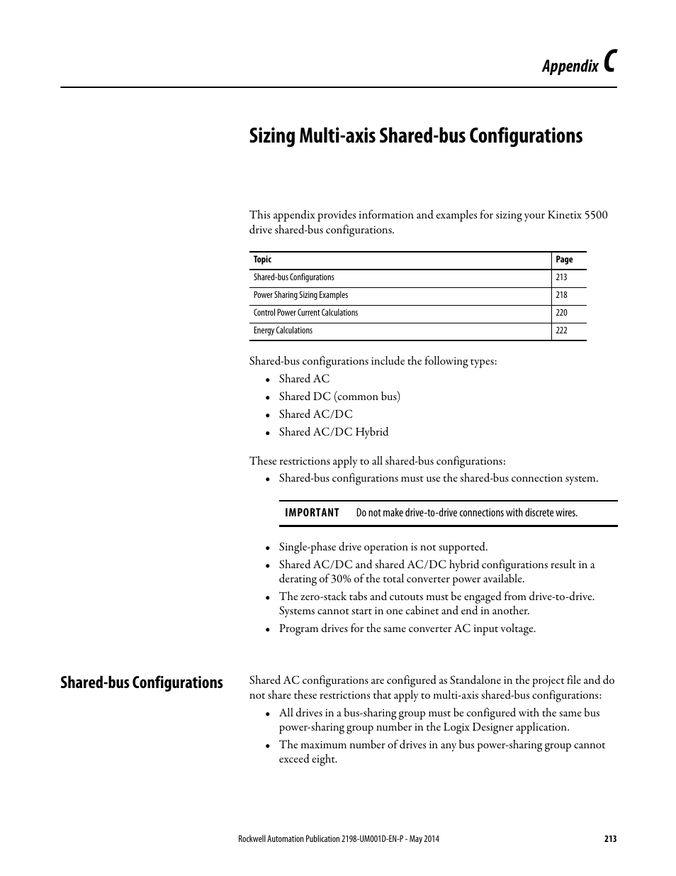 Shared-bus configurations, Appendix c, Sizing multi-axis shared-bus configurations | Appendix | Rockwell Automation 2198-Hxxx Kinetix 5500 Servo Drives User Manual User Manual | Page 213 / 244