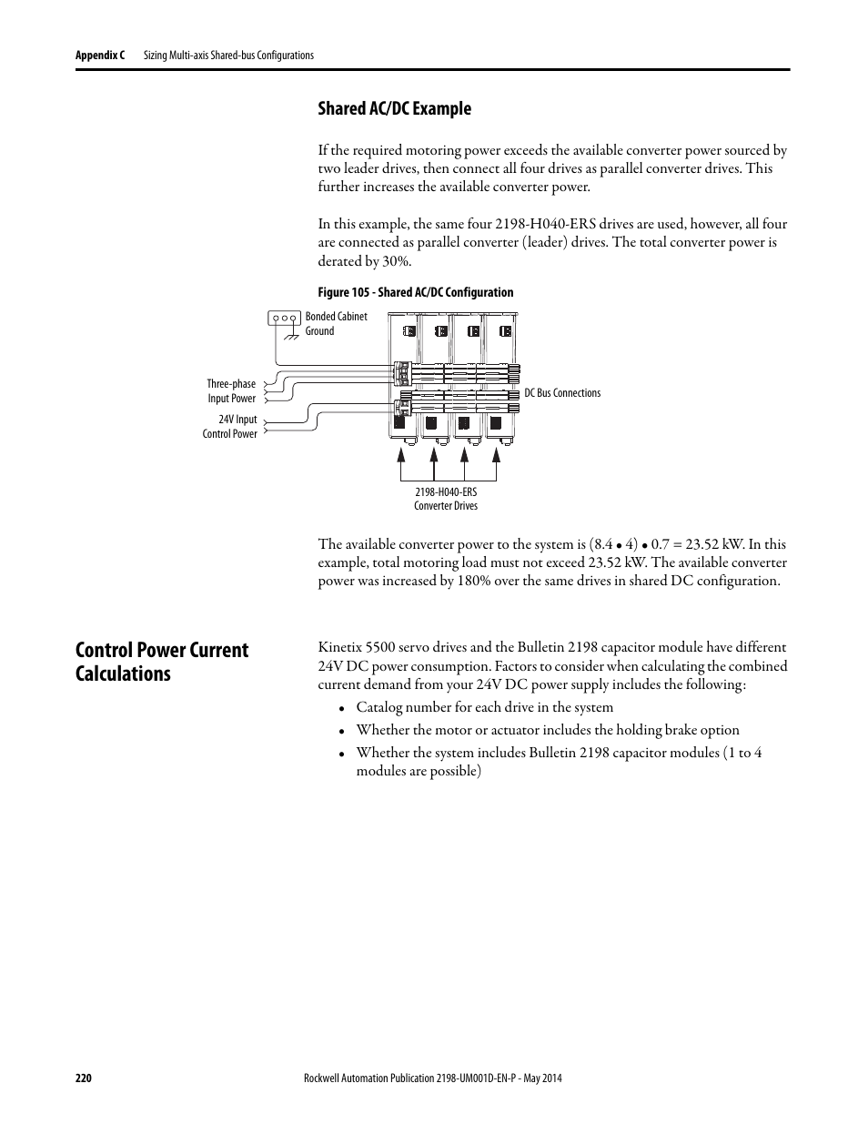 Shared ac/dc example, Control power current calculations | Rockwell Automation 2198-Hxxx Kinetix 5500 Servo Drives User Manual User Manual | Page 220 / 244