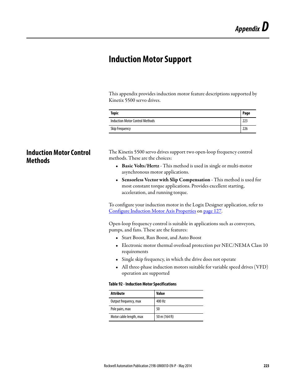 App d - induction motor support, Induction motor control methods, Appendix d | Induction motor support, Appendix | Rockwell Automation 2198-Hxxx Kinetix 5500 Servo Drives User Manual User Manual | Page 223 / 244