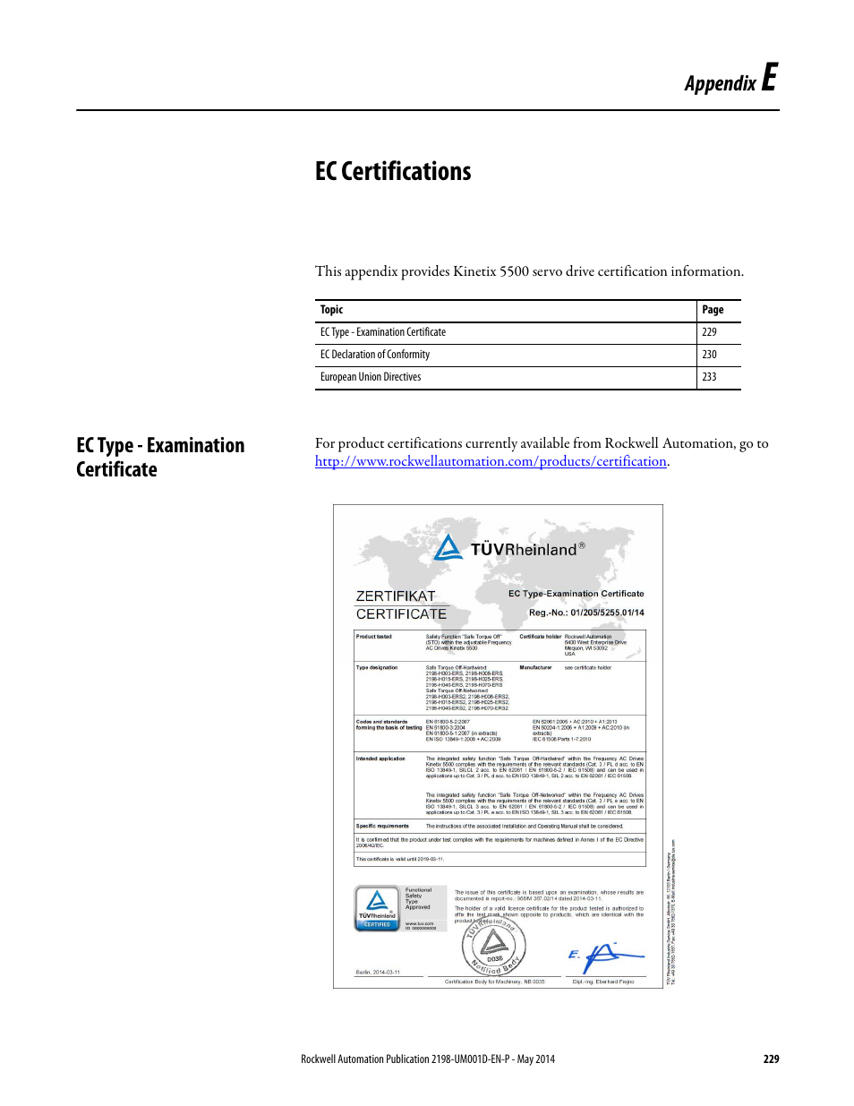 App e - ec certifications, Ec type - examination certificate, Appendix e | Ec certifications, Appendix | Rockwell Automation 2198-Hxxx Kinetix 5500 Servo Drives User Manual User Manual | Page 229 / 244