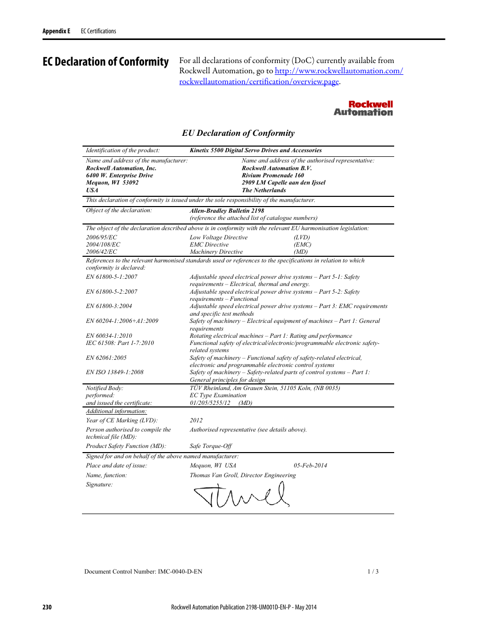 Ec declaration of conformity, Eu declaration of conformity | Rockwell Automation 2198-Hxxx Kinetix 5500 Servo Drives User Manual User Manual | Page 230 / 244