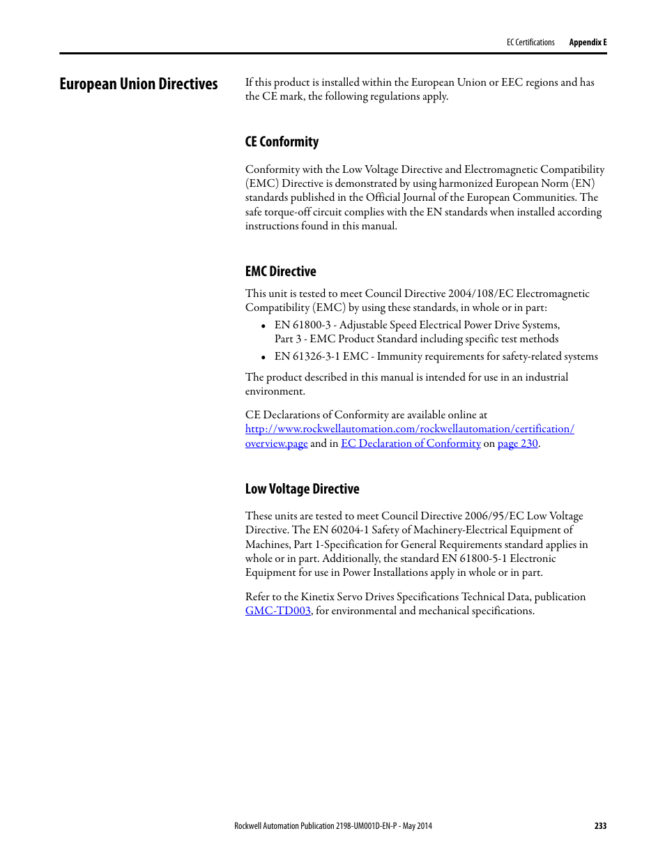 European union directives, Ce conformity, Emc directive | Low voltage directive, Ce conformity emc directive low voltage directive | Rockwell Automation 2198-Hxxx Kinetix 5500 Servo Drives User Manual User Manual | Page 233 / 244