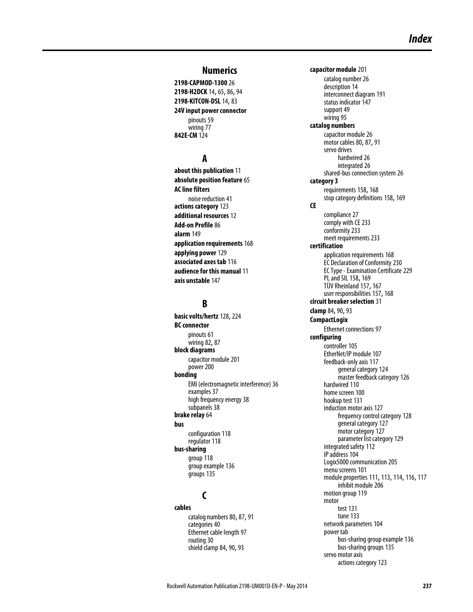 Index, Numerics | Rockwell Automation 2198-Hxxx Kinetix 5500 Servo Drives User Manual User Manual | Page 237 / 244