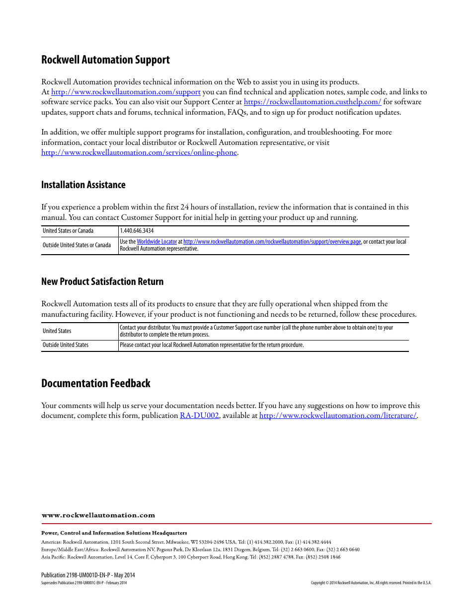 Back cover, Rockwell automation support, Documentation feedback | Installation assistance, New product satisfaction return | Rockwell Automation 2198-Hxxx Kinetix 5500 Servo Drives User Manual User Manual | Page 244 / 244
