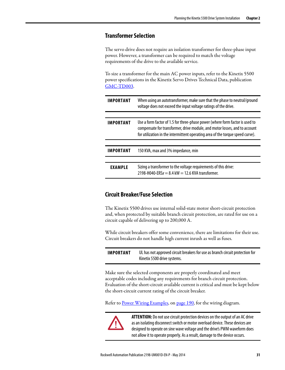 Transformer selection, Circuit breaker/fuse selection | Rockwell Automation 2198-Hxxx Kinetix 5500 Servo Drives User Manual User Manual | Page 31 / 244