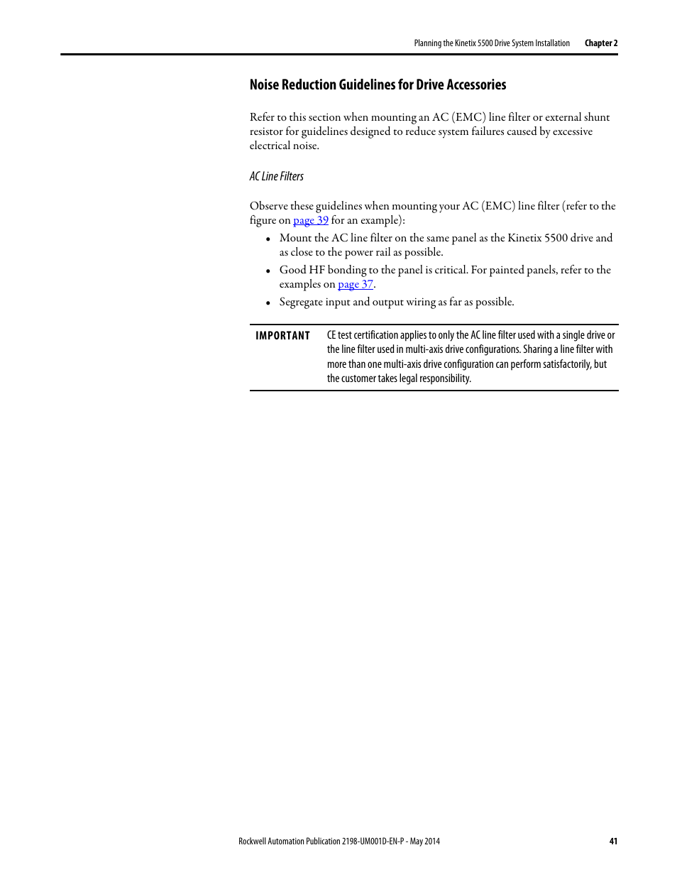 Noise reduction guidelines for drive accessories, Ac line filters | Rockwell Automation 2198-Hxxx Kinetix 5500 Servo Drives User Manual User Manual | Page 41 / 244