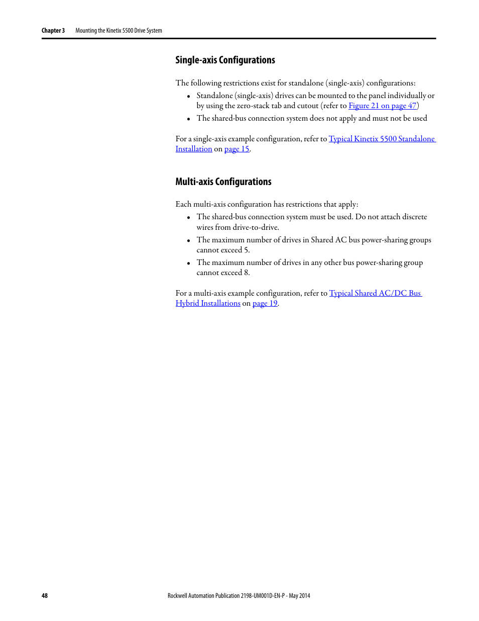 Single-axis configurations, Multi-axis configurations | Rockwell Automation 2198-Hxxx Kinetix 5500 Servo Drives User Manual User Manual | Page 48 / 244