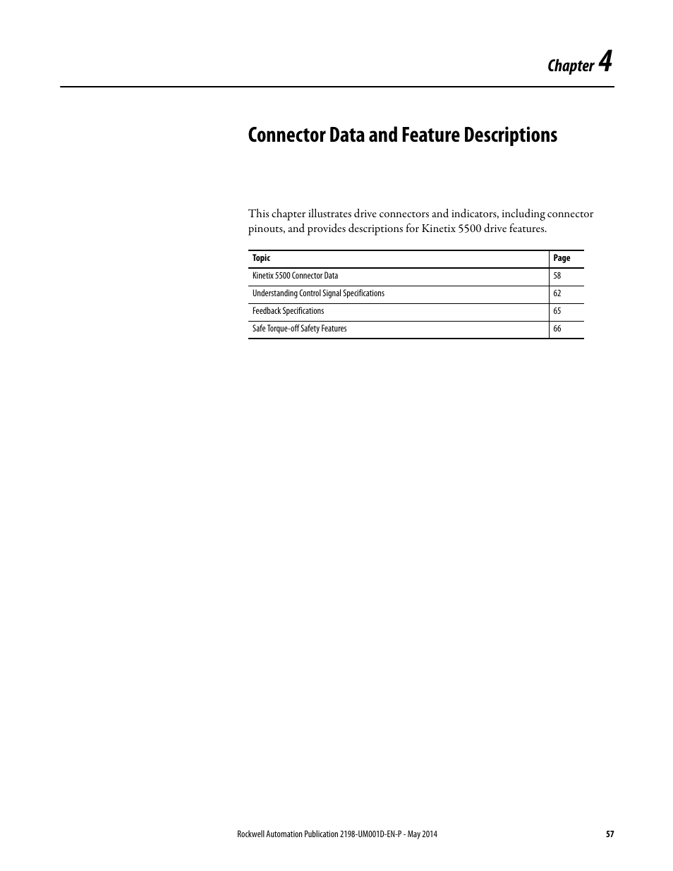 Ch 4 - connector data and feature descriptions, Chapter 4, Connector data and feature descriptions | Chapter | Rockwell Automation 2198-Hxxx Kinetix 5500 Servo Drives User Manual User Manual | Page 57 / 244