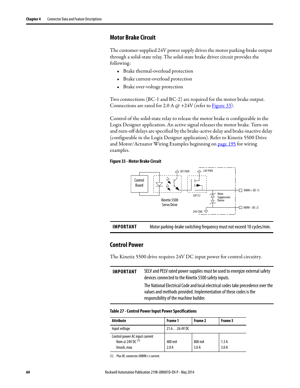 Motor brake circuit, Control power, Motor brake circuit control power | Rockwell Automation 2198-Hxxx Kinetix 5500 Servo Drives User Manual User Manual | Page 64 / 244