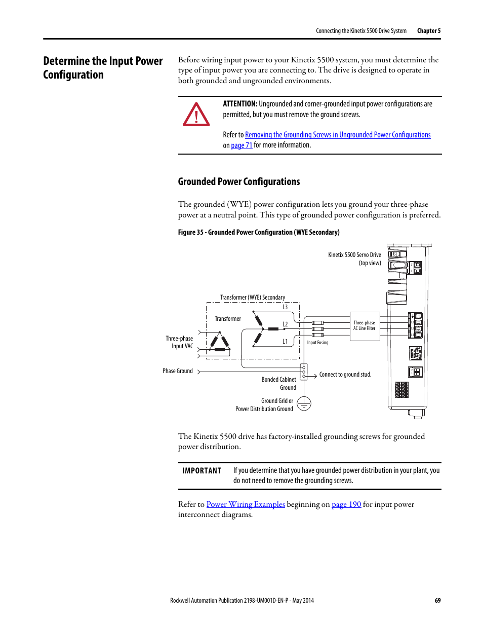 Determine the input power configuration, Grounded power configurations | Rockwell Automation 2198-Hxxx Kinetix 5500 Servo Drives User Manual User Manual | Page 69 / 244