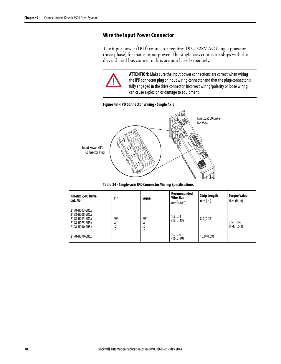 Wire the input power connector, L3 l2 l1 | Rockwell Automation 2198-Hxxx Kinetix 5500 Servo Drives User Manual User Manual | Page 78 / 244