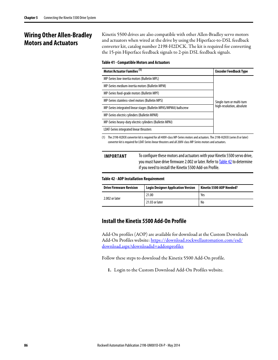 Wiring other allen-bradley motors and actuators, Install the kinetix 5500 add-on profile | Rockwell Automation 2198-Hxxx Kinetix 5500 Servo Drives User Manual User Manual | Page 86 / 244